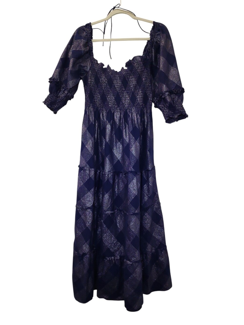 Hill House Home Ellie Nap Dress Navy Blue Ruffle Glitter Silver Check Size Large - Picture 5 of 16